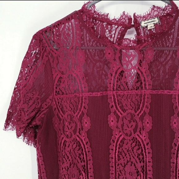 Eyeshadow Short Sleeve Lace Top Maroon Women's XS Keyhole Back Sheer Lined EUC - Picture 2 of 9